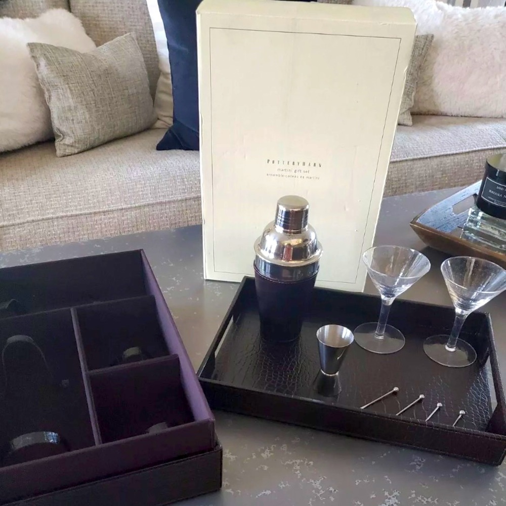 New: Pottery Barn Brown embossed leather Martini Gift Set with box